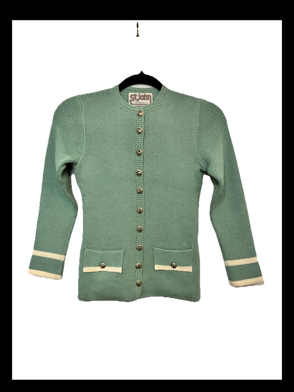 St. John Mint Green Knit Cardigan with Ivory Trim Saks Vintage